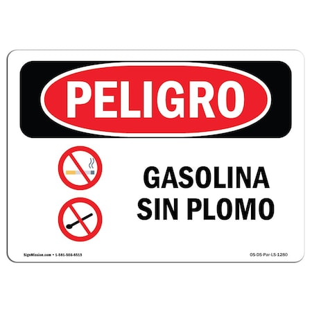 Signmission OSHA, Unleaded Gasoline Spanish, 18in X 12in Rigid Plastic, 18" W, 12" H, Unleaded Gasoline Spanish OS-DS-P-1218-LS-1280